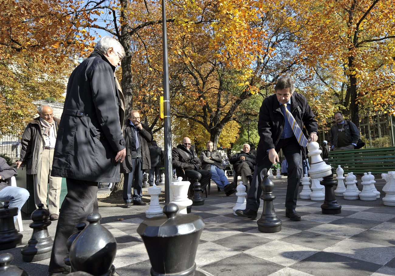 日内瓦某公园里玩国际象棋的游人
