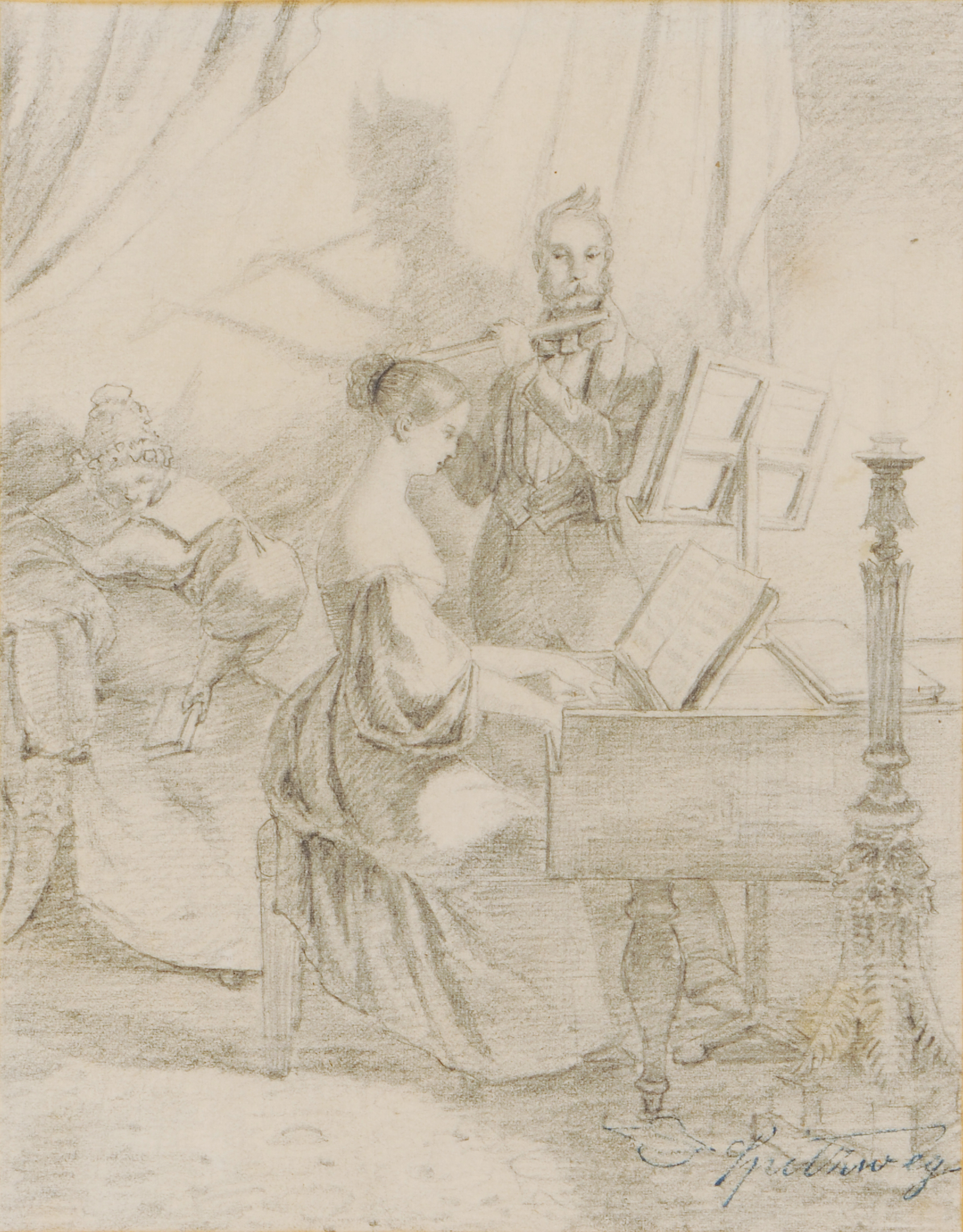 Painting; Das Klavierspiel by Carl Spitzweg.