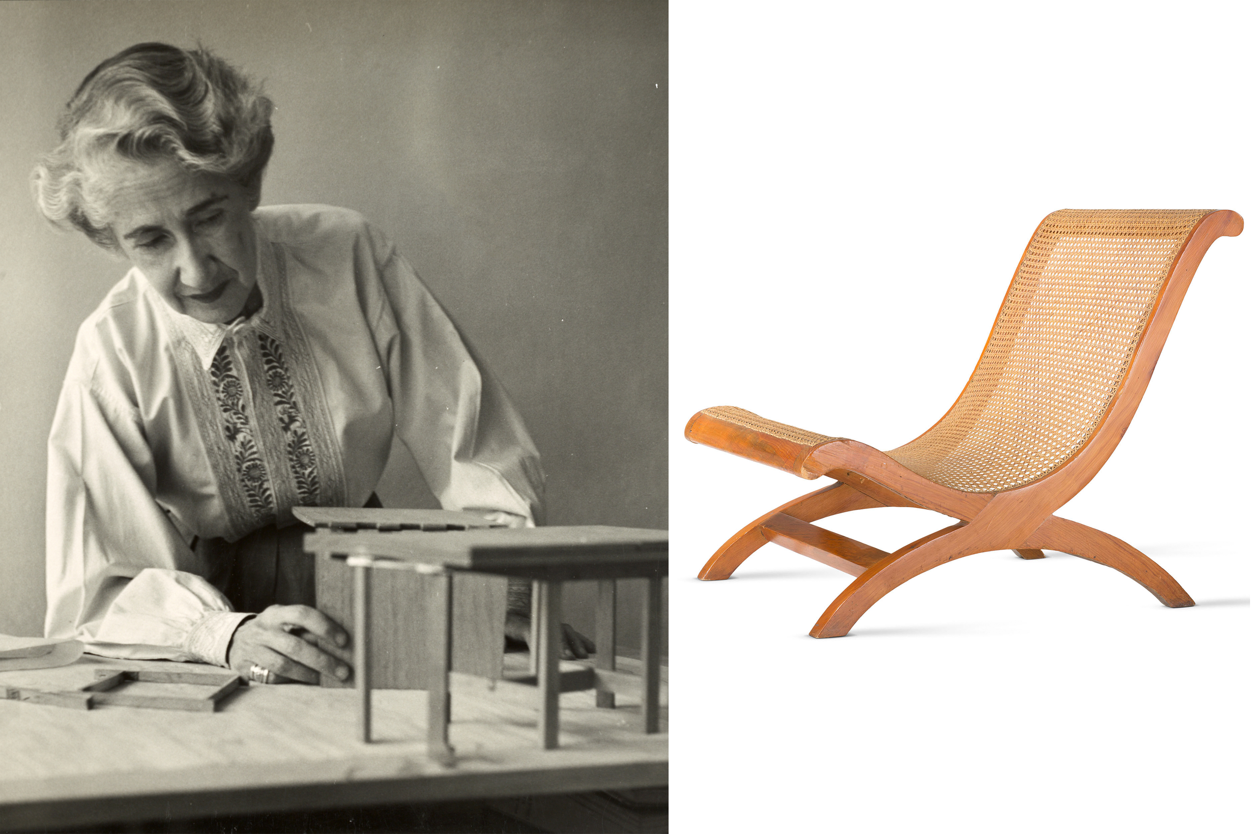 Frauenporträt und der von ihr entworfene Stuhl