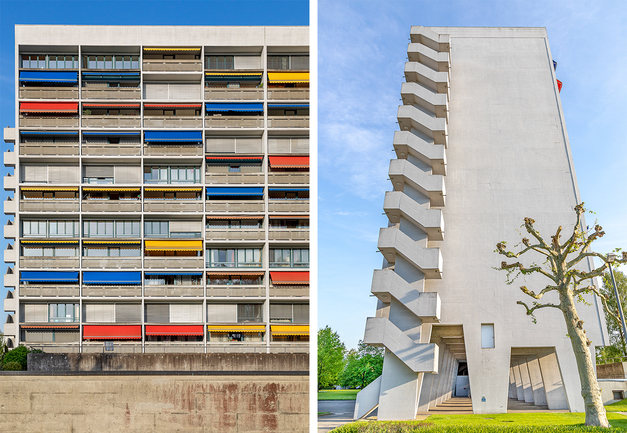 Façade d un immeuble d habitations en béton avec des stores multicolores.