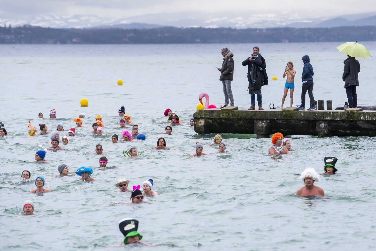 People swimming in Lake Geneva.