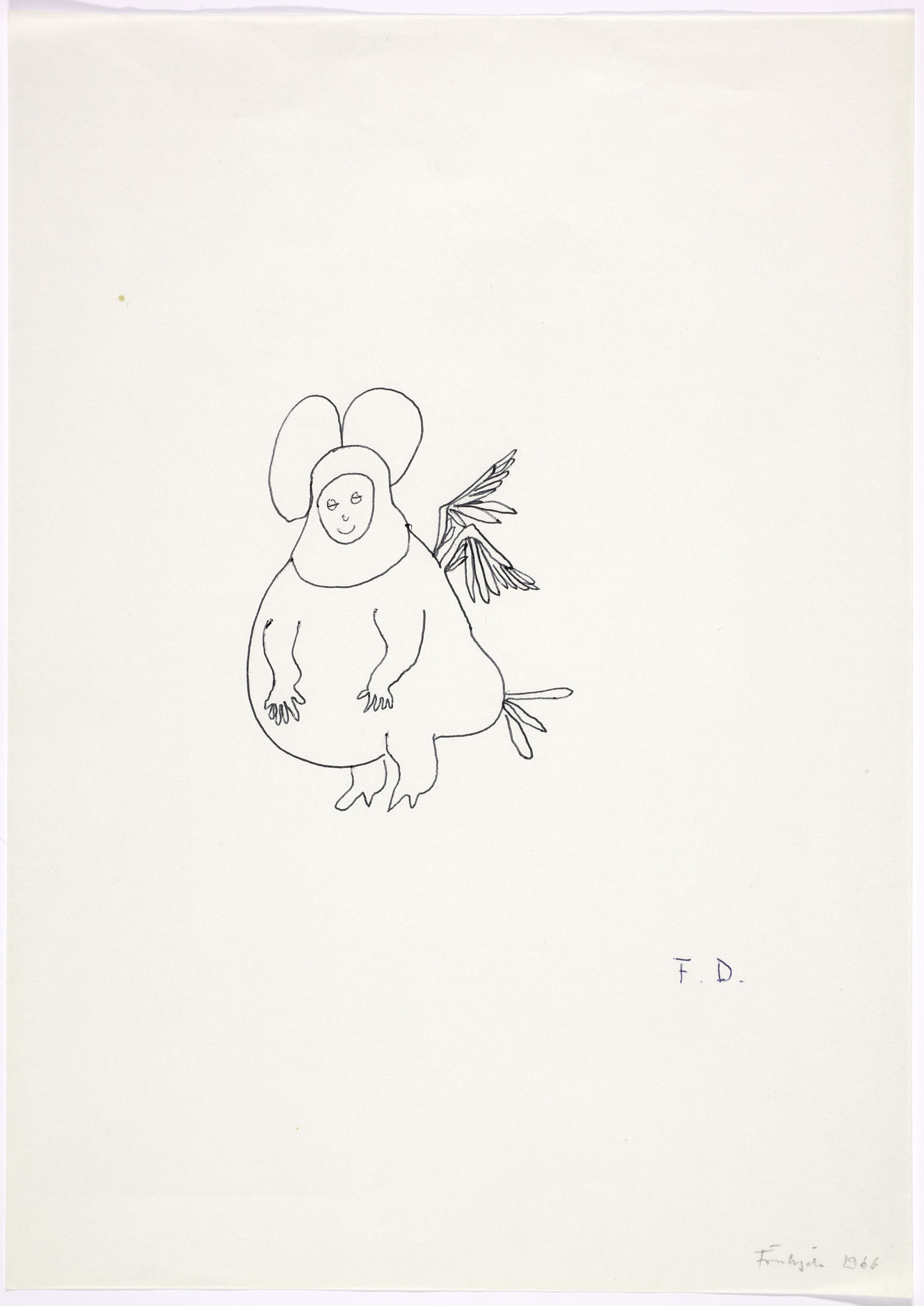 弗里德里希·迪倫馬特，《戴著修女帽的天使的飛升》，原子筆，29.5×20.7厘米，迪倫馬特納沙泰爾中心收藏