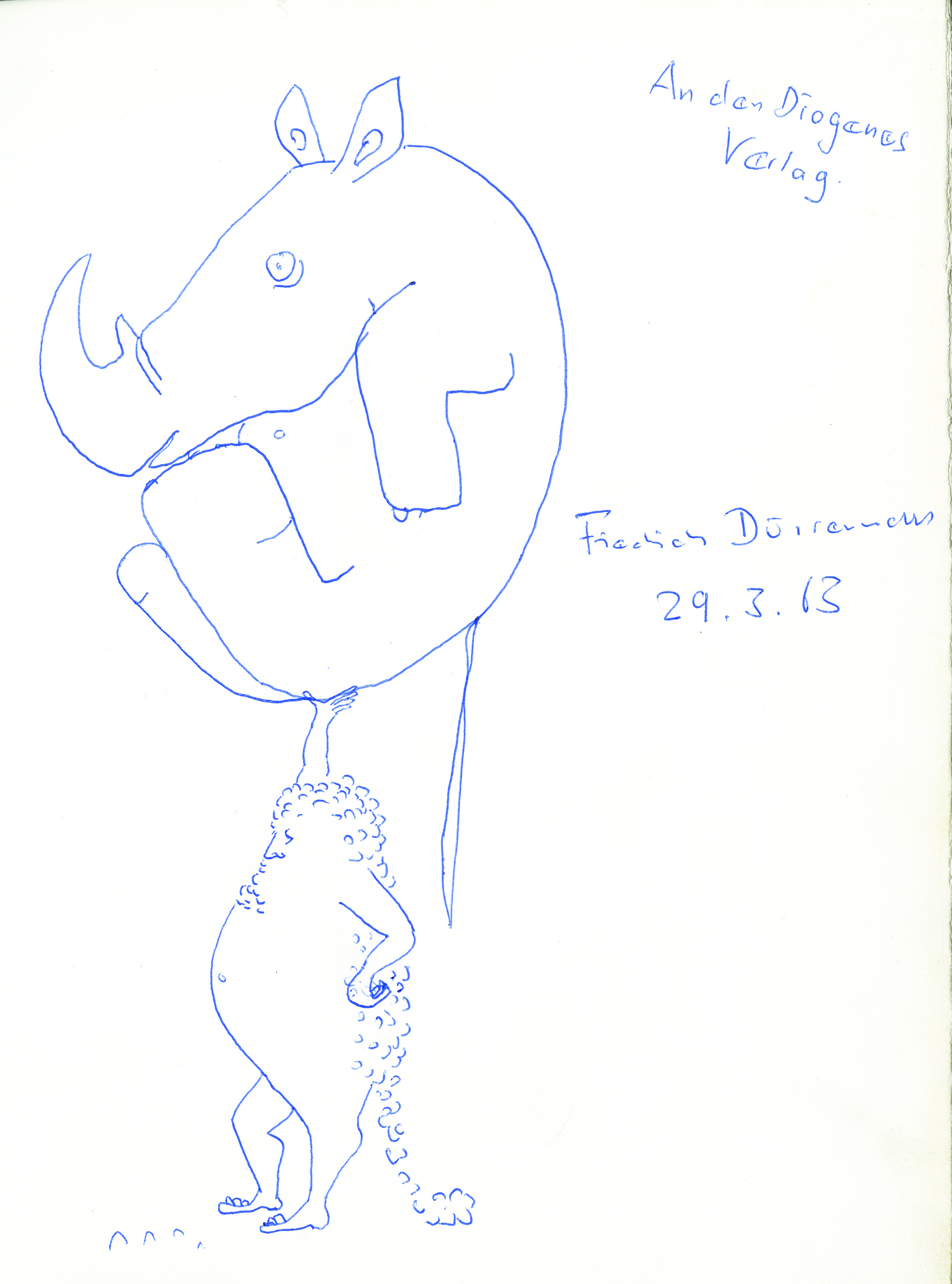 弗里德里希·迪倫馬特，《海格力斯與犀牛》，1963年，原子筆，29.5 × 20.7厘米，蘇黎世第歐根尼出版社股份公司收藏
