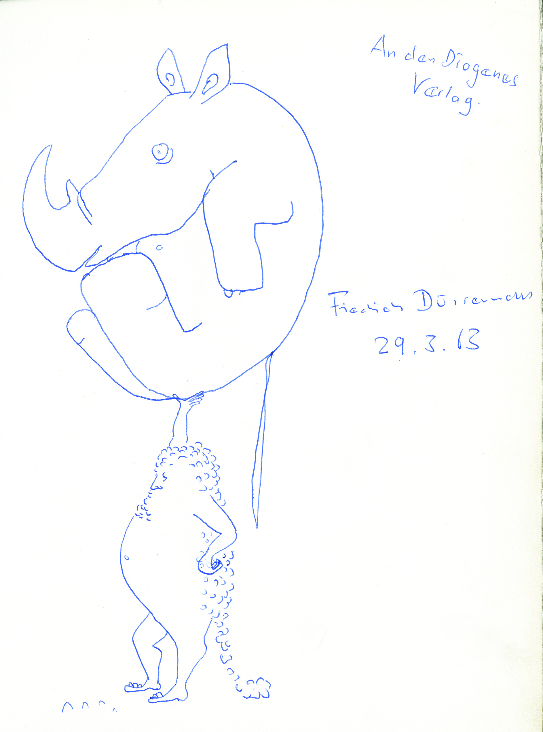 Dessin d un homme portant un rhinocéros