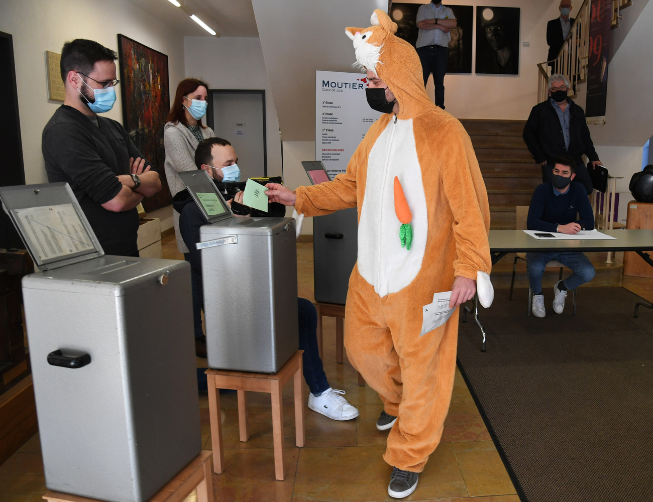 man dressed as rabbit casting vote