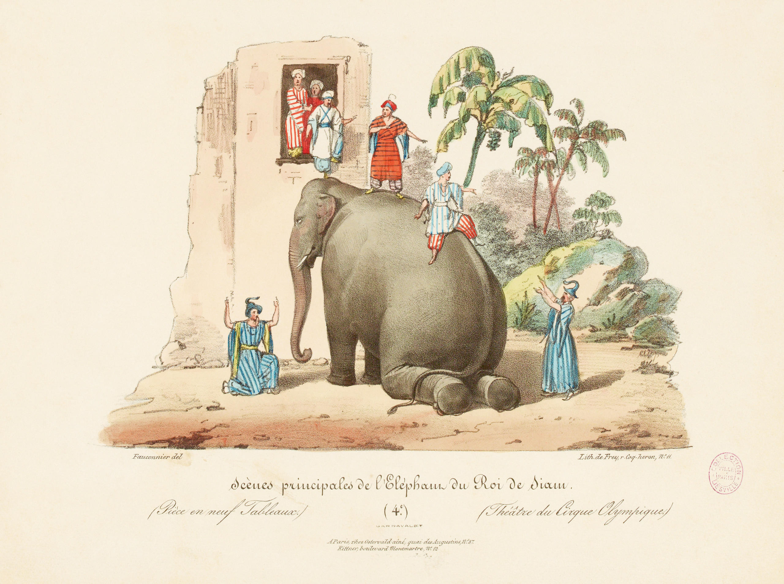 Dibujo que muestra a un elefante con varias personas en escena de teatro