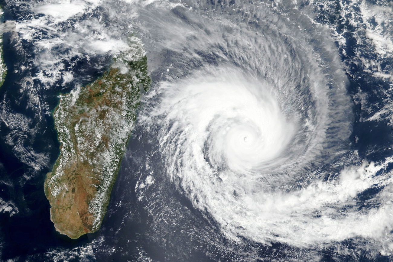 A satellite image issued on February 3, 2022, shows Cyclone Batsirai gathering east of the island of Madagascar. 