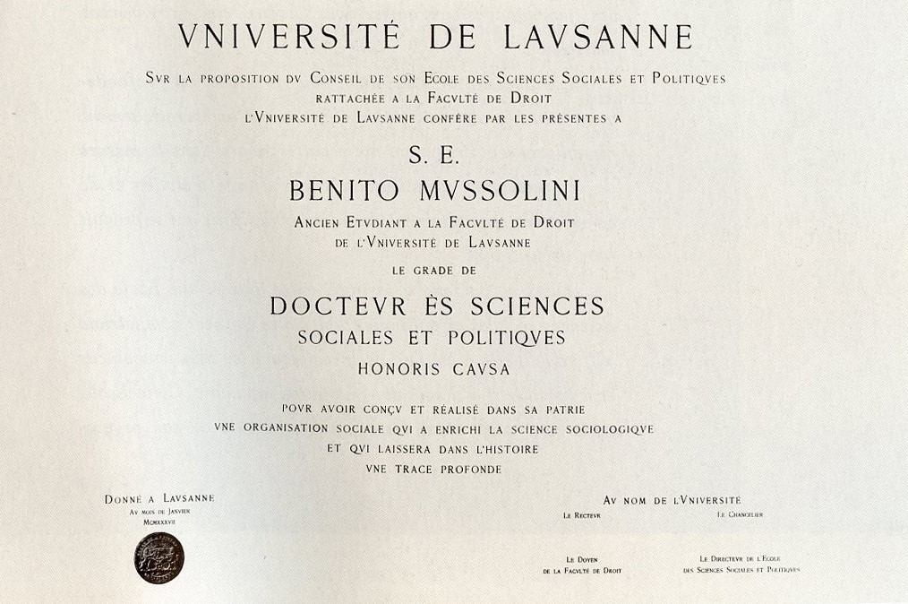 La Universidad de Lausana le concedió a Benito Mussolini el título de Doctor Honoris Causa