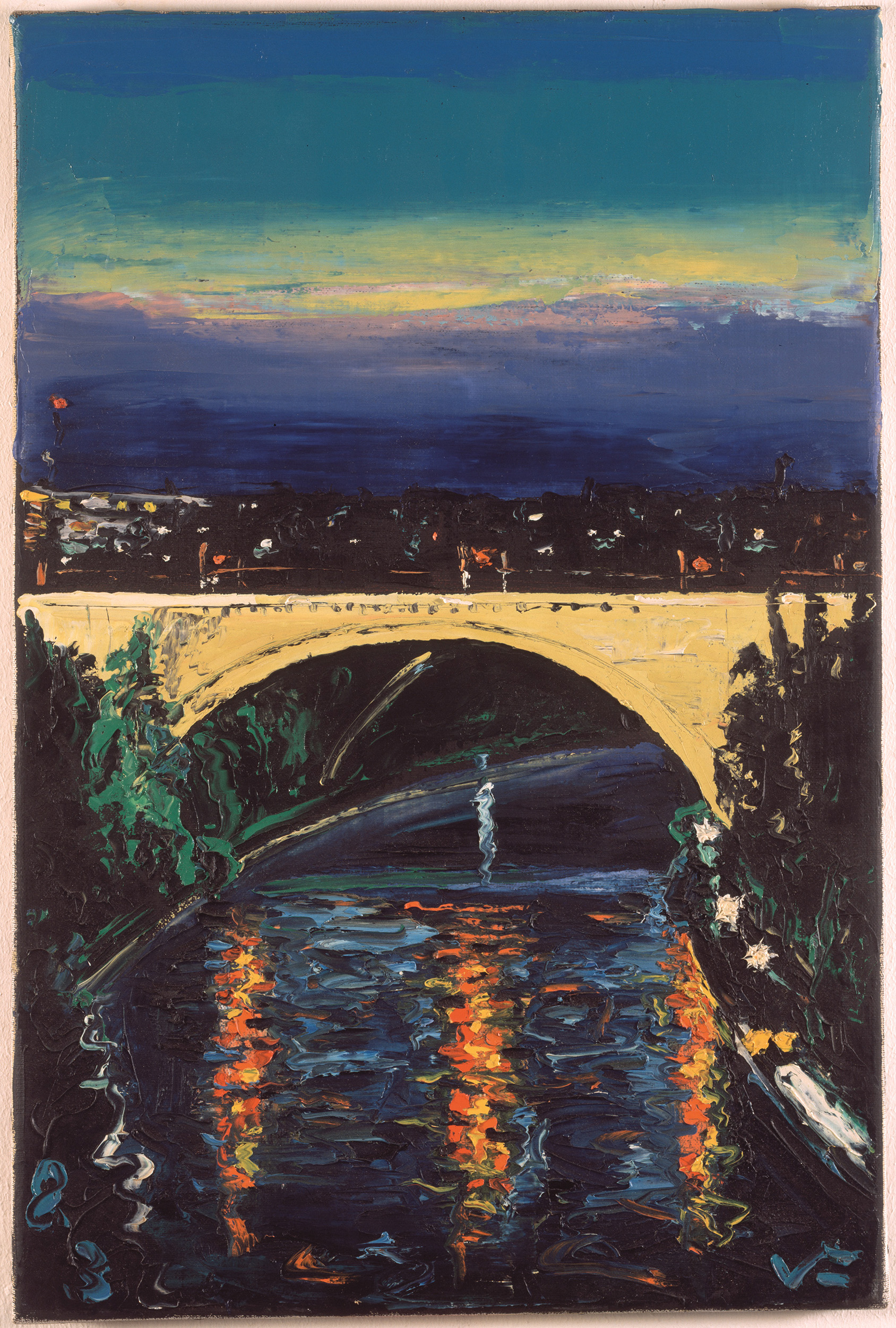 Pintura de puente al atardecer.