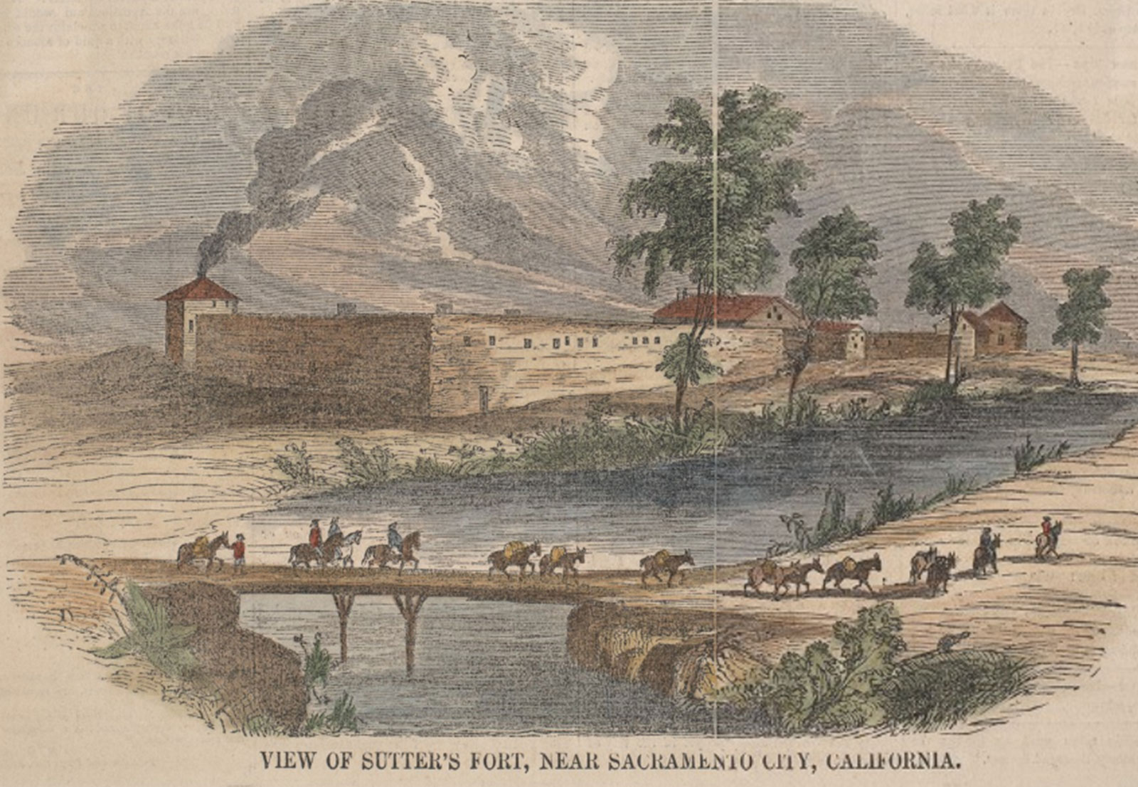 Alte Zeichnung, die ein Fort in Kalifornien darstellt