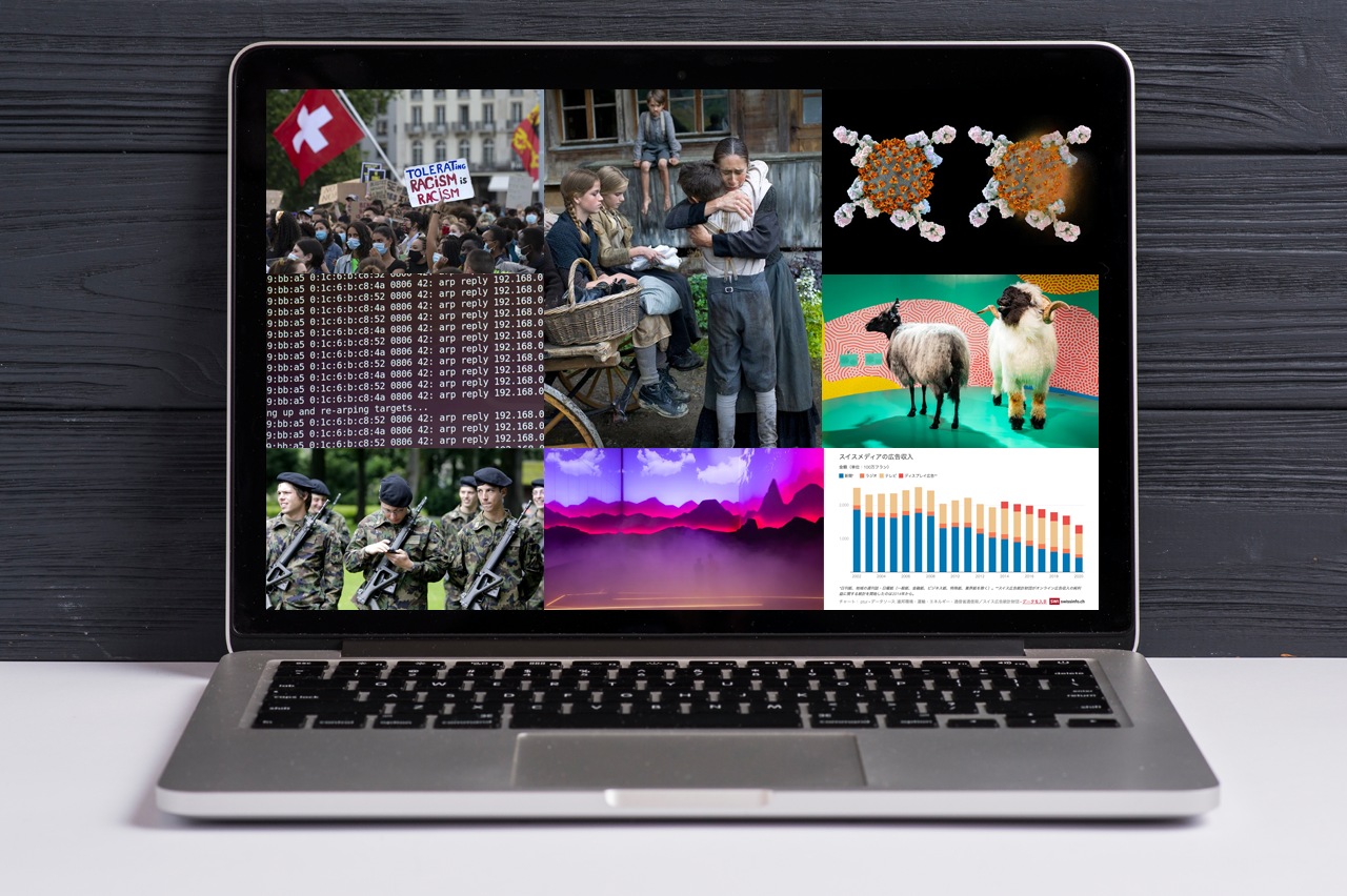 Ein aufgeklappter Laptop-Bildschirm zeigt 8 unterschiedliche Teaserbilder von 8 swissinfo-Stories