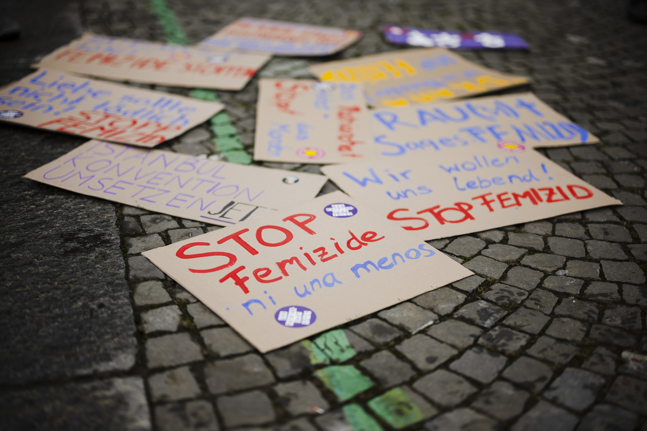 Pancartes contre la violence faite aux femmes.