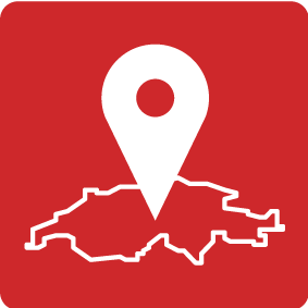 خريطة سويسرا على خلفية حمراء تتوسطها أيقونة الموقع الجغرافي