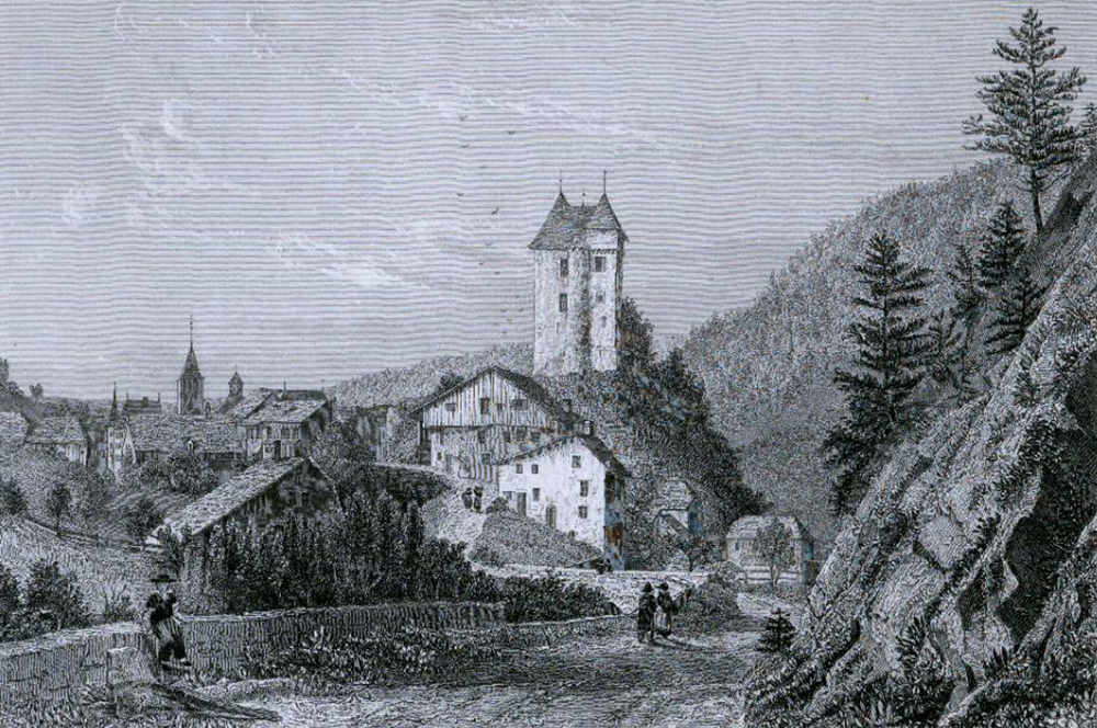 Gravure représentant un château sur une colline