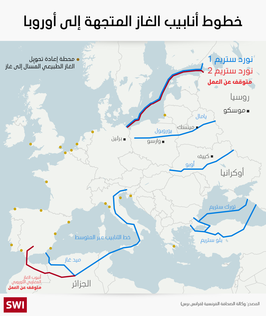 خريطة لخطوط أنابيب الغاز إلى أوروبا