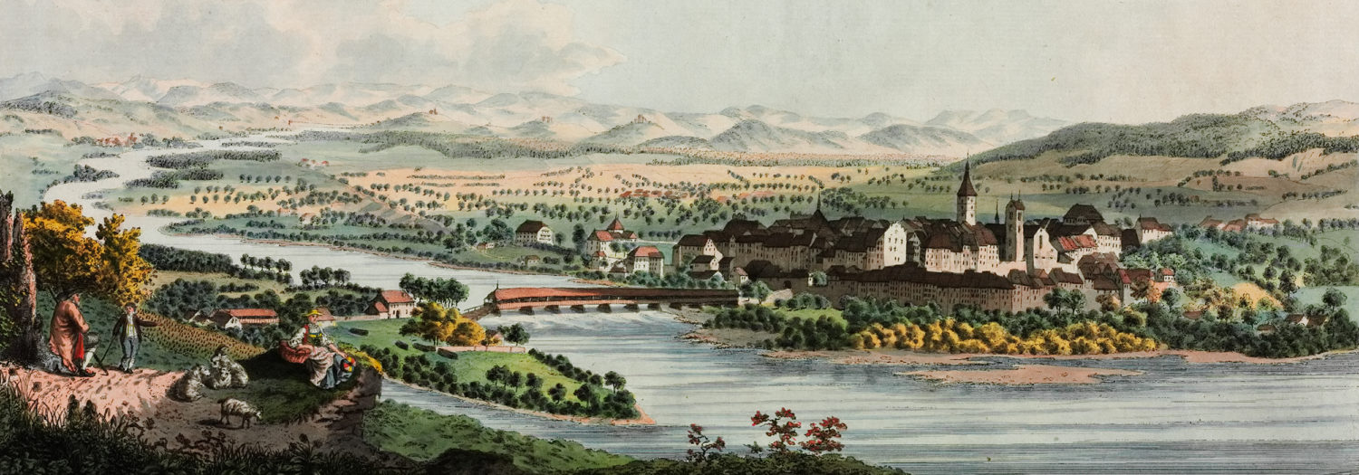 從西北方向看阿勞，木橋、山丘和小路，約畫於1785年，繪畫：Gabriel Ludwig Lory père (1763 - 1840)。
