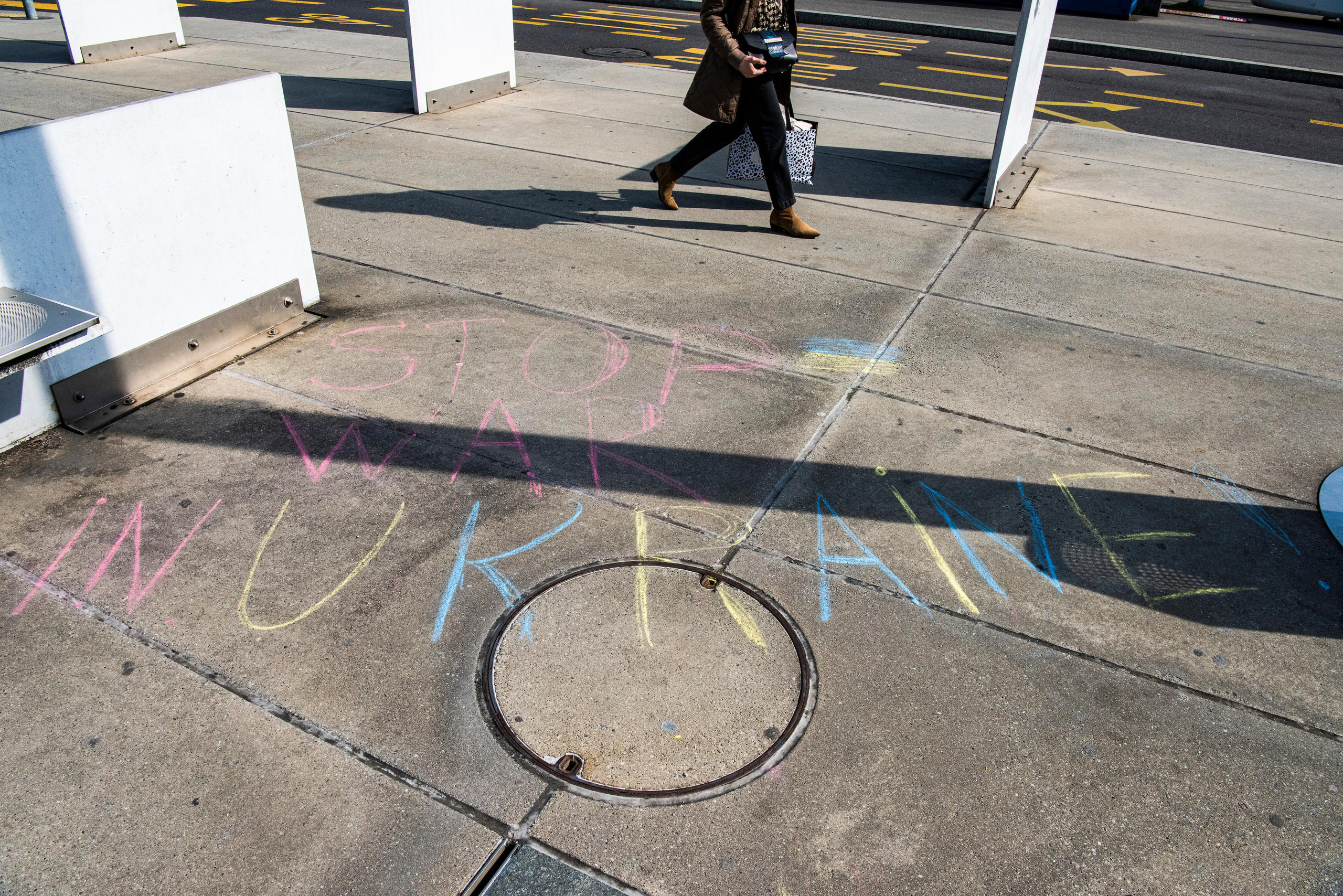 Chalk remains from a large demonstration on Saturday against the war in Ukraine