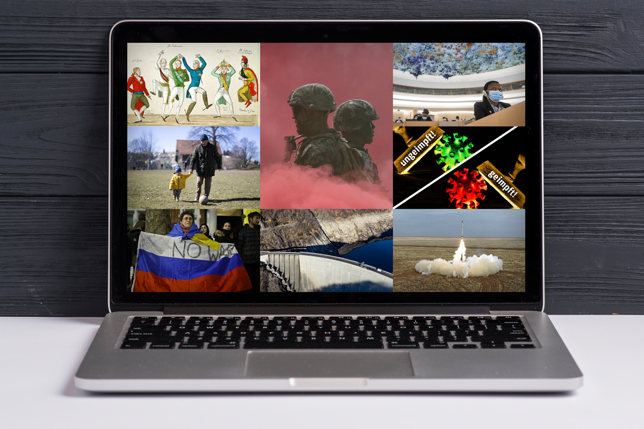 Aufgeklappter Laptop mit 8 verschiedenen Bildern zu 8 Stories von swissinfo