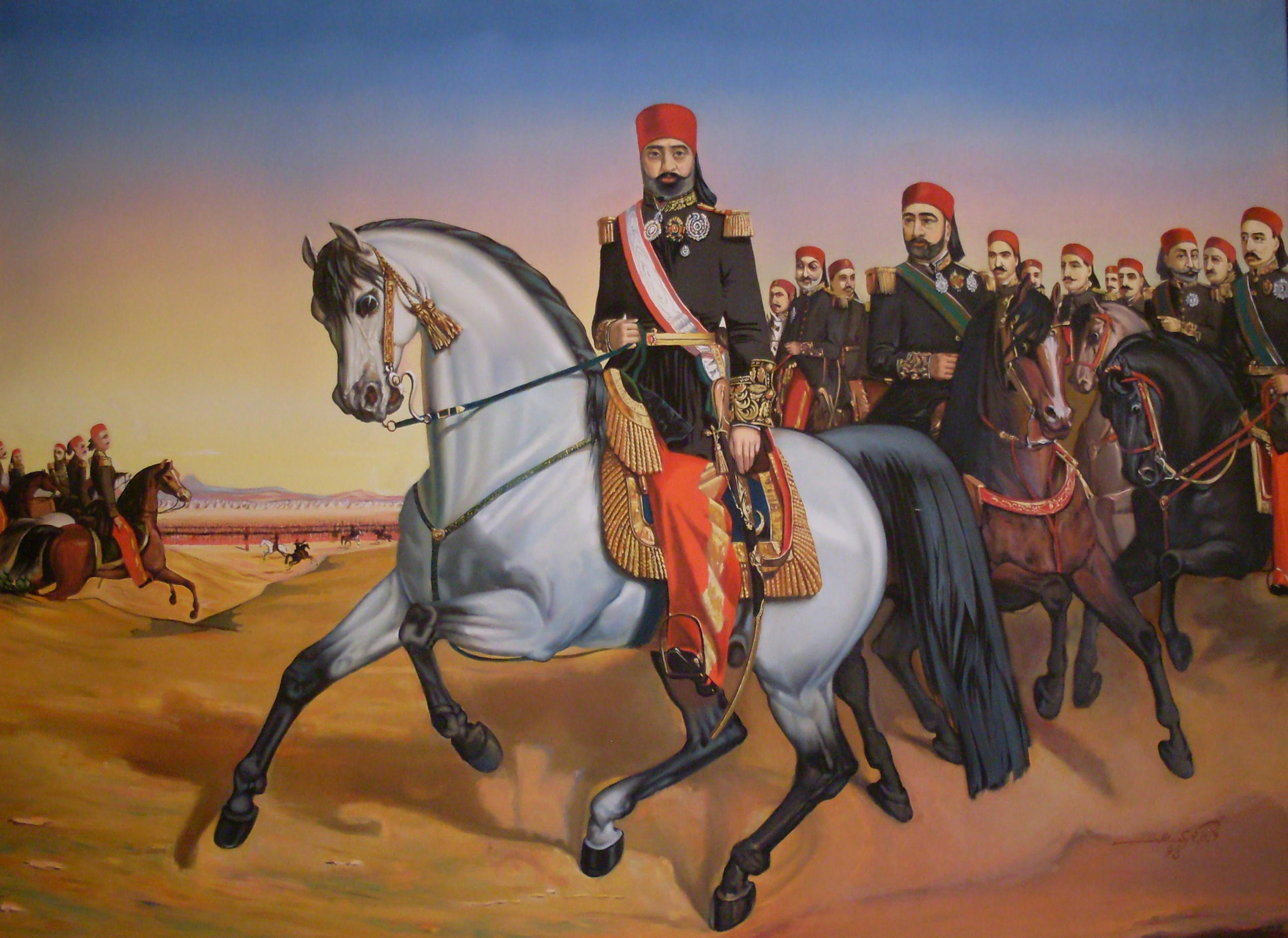 1864年の民衆蜂起当初、サヘル地域の野営地を訪れたサドク・ベイとその一行。絵画：オーギュスト・モワニエ