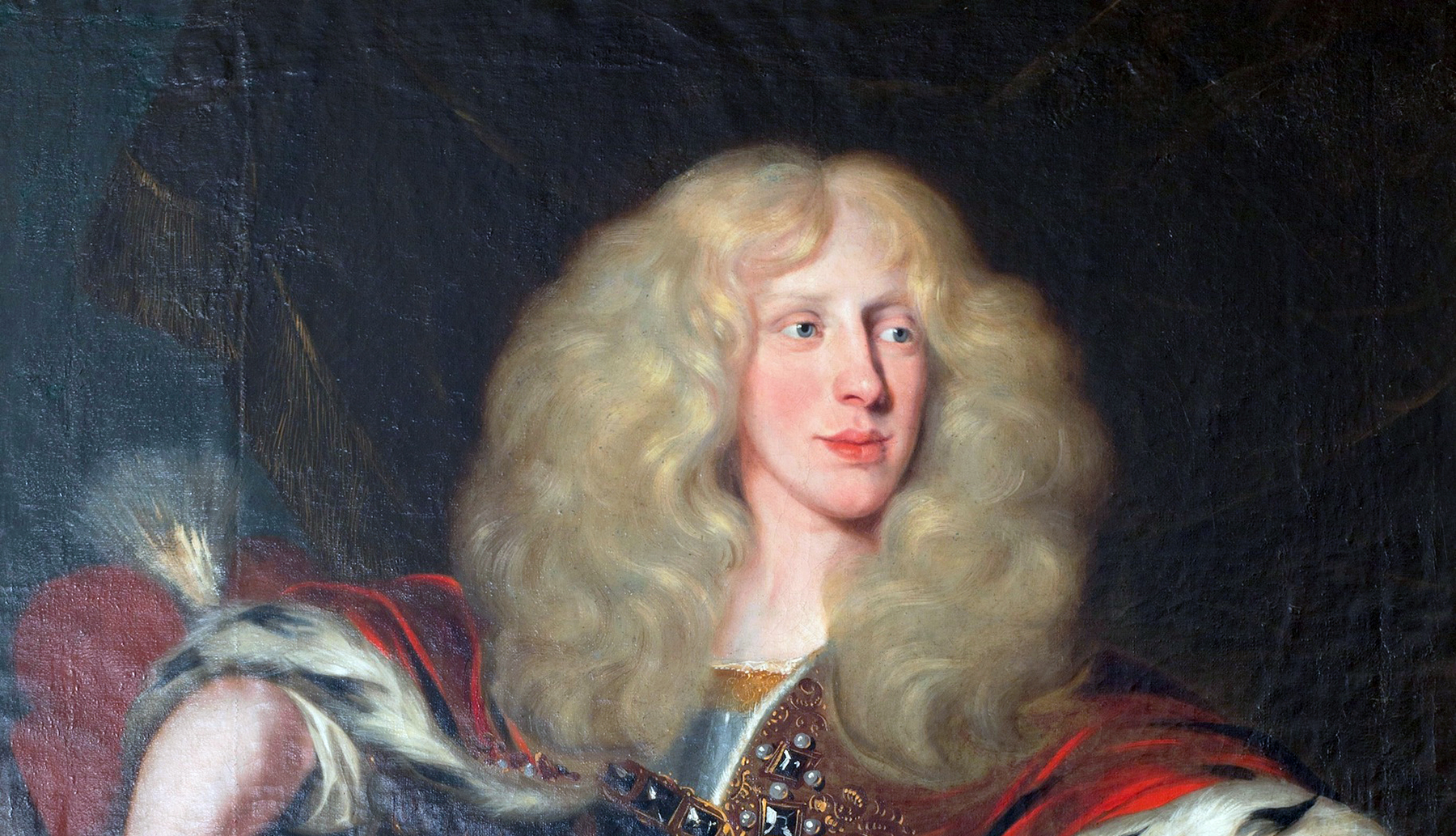 cuadro tipo retrato de Catherine de Watteville, con el pelo rubio voluminoso suelto que contrasta con el canon de esa época