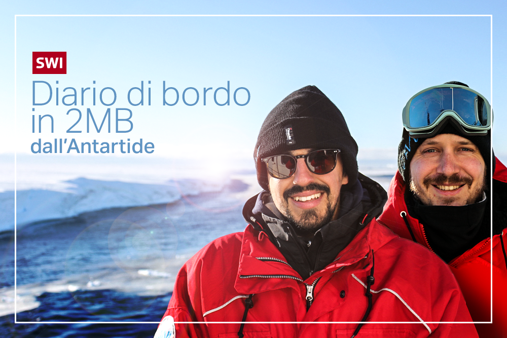 Due persone con vestiti pesanti soridono. Scritta: Diario di bordo in 2MB dall Antartide