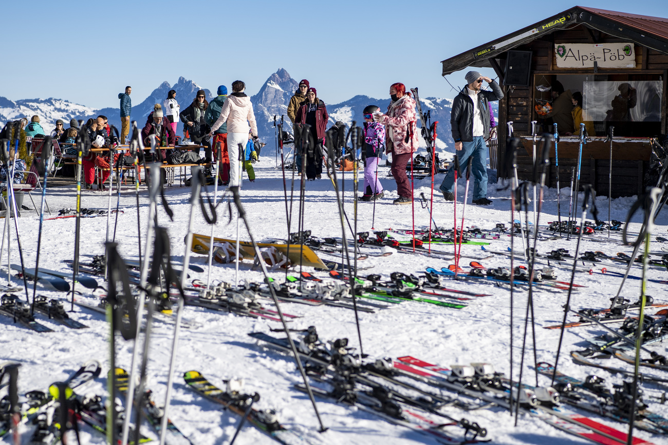 Skis outside a mountain restaurant.