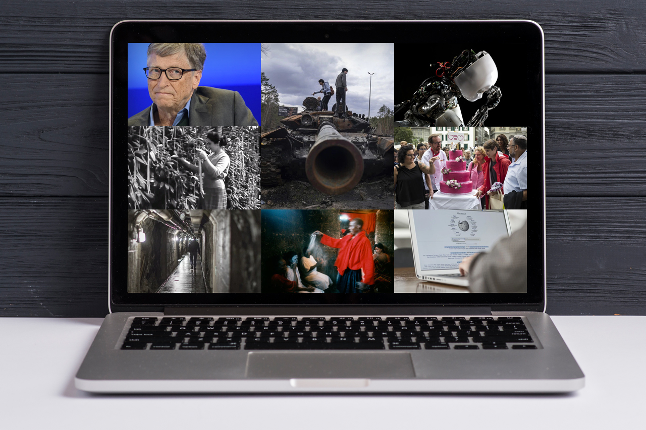 Aufgeklappter Laptop mit 8 verschiedenen Bildern aus 8 unterschiedlichen Stories von swissinf0