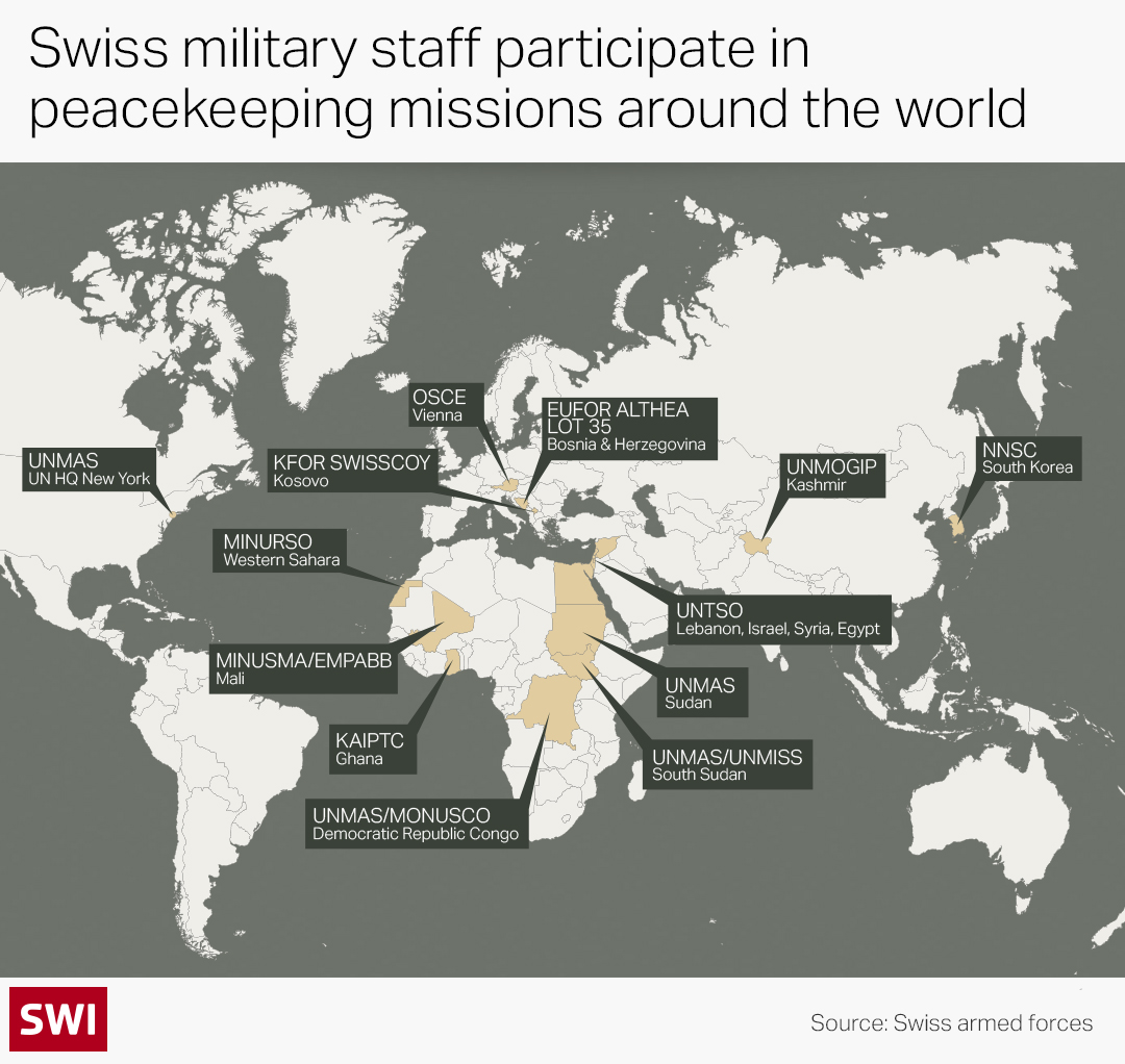 map of Swiss oarticupation in UN peacekeeping missions