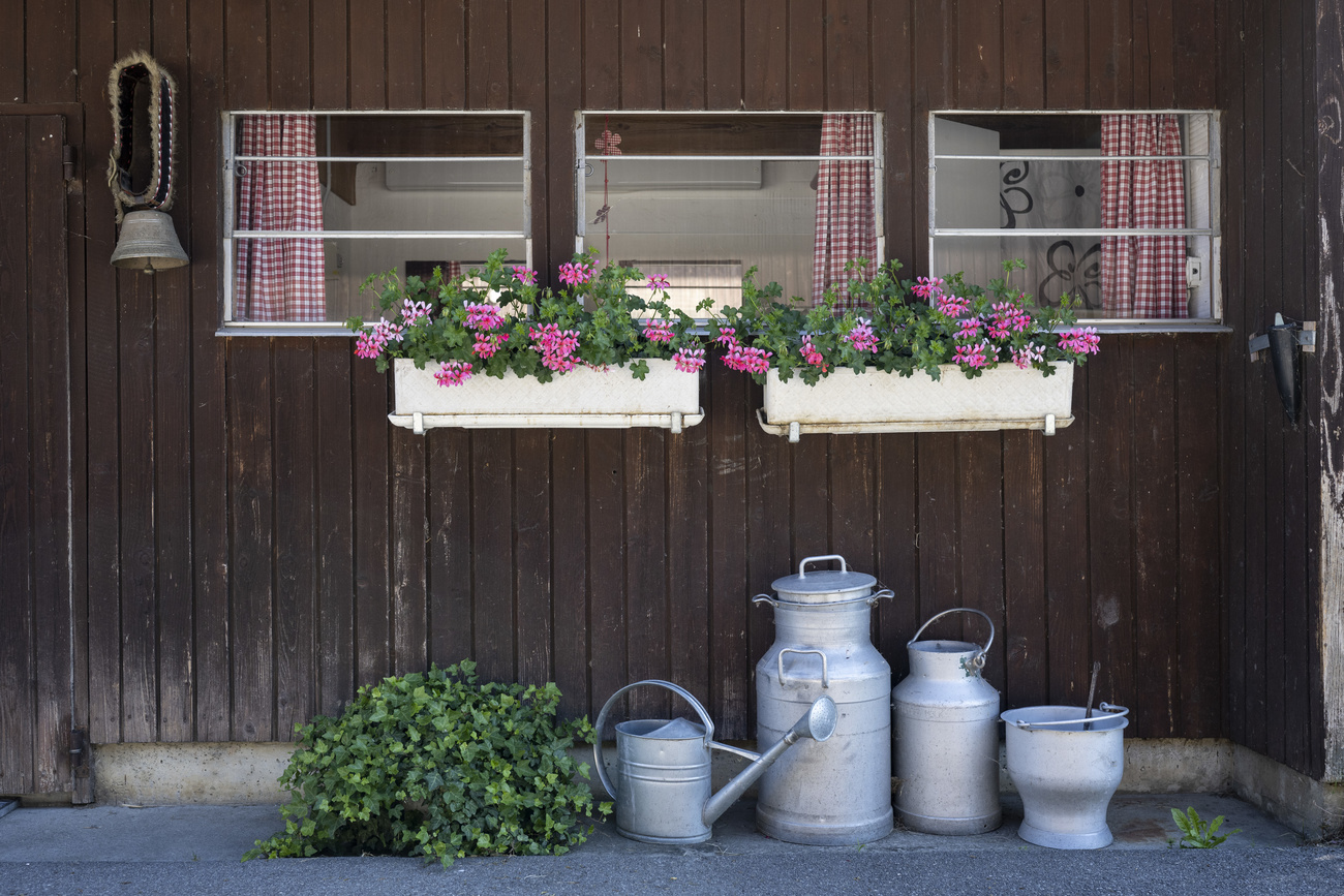 flowers and churns outside farmhouse.