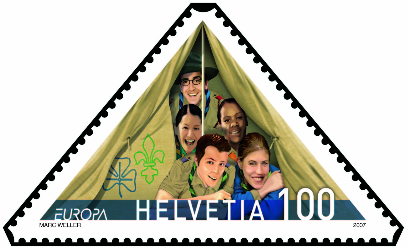 Triangular Swiss postage stamp guides and scouts