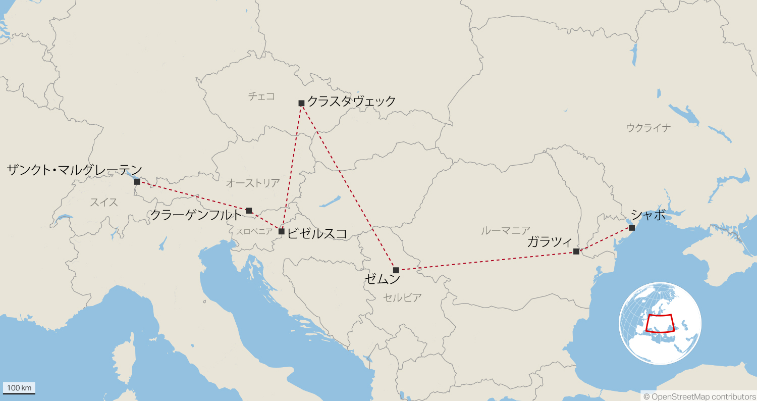 ウクライナのシャボからスイスのザンクト・マルガレーテンへの地図