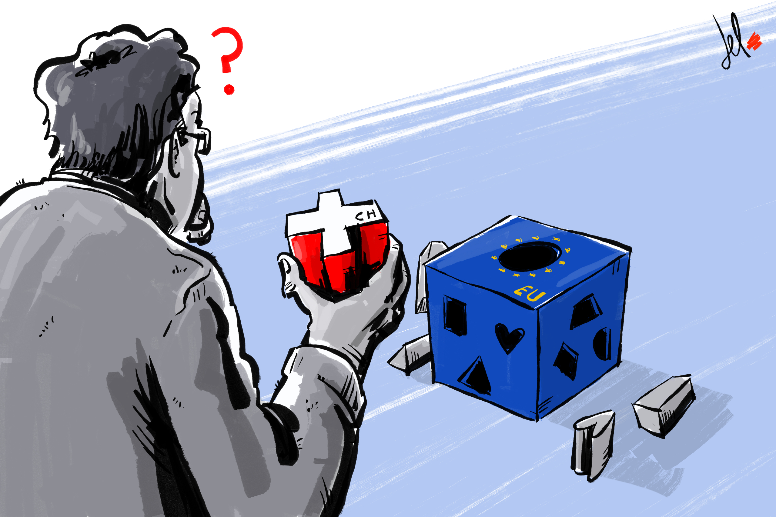 Persona cerca di inserire oggetto a forma di bandiera svizzera in una scatola con i colori UE con un buco tondo