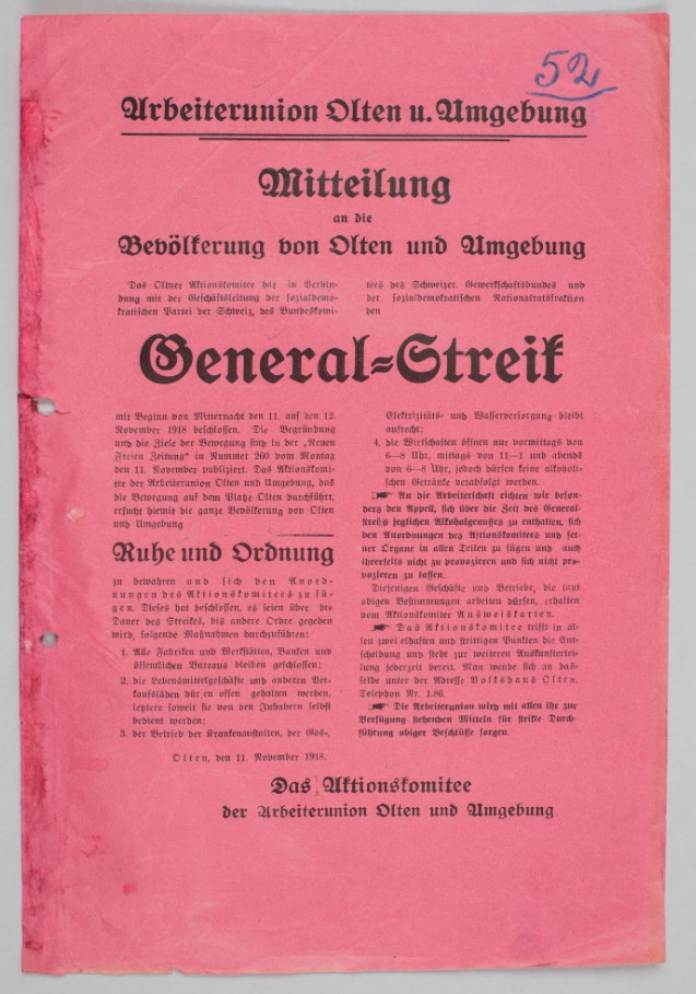 1918年11月11日：奧爾騰委員會吹響了具有歷史意義的工人總罷工的號角。雖然罷工被迫停止，但該行動對瑞士政治造成的影響卻是最大的。
