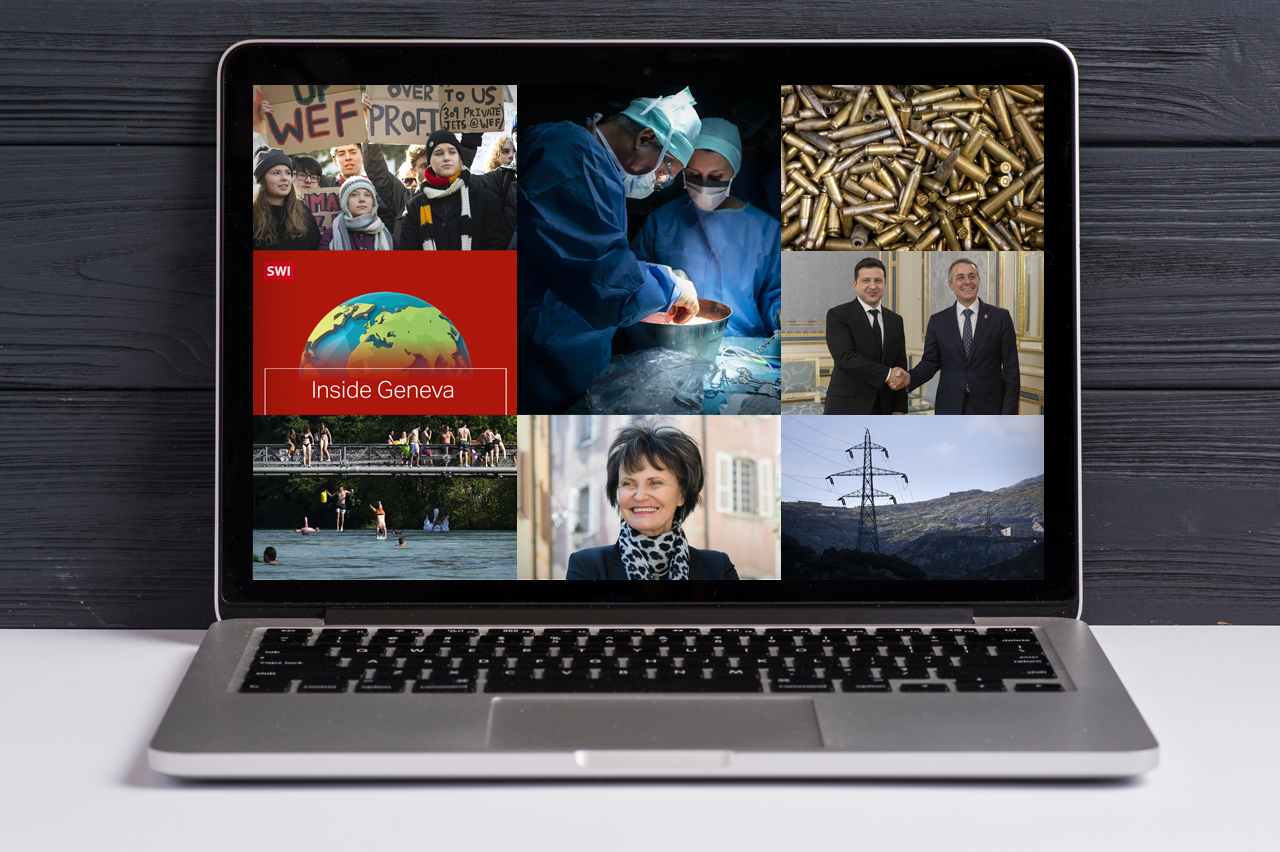 Ein aufgeklappter Laptop zeigt auf dem Bildschirm 8 Bilder aus 8 verschiedenen SWI-Stories