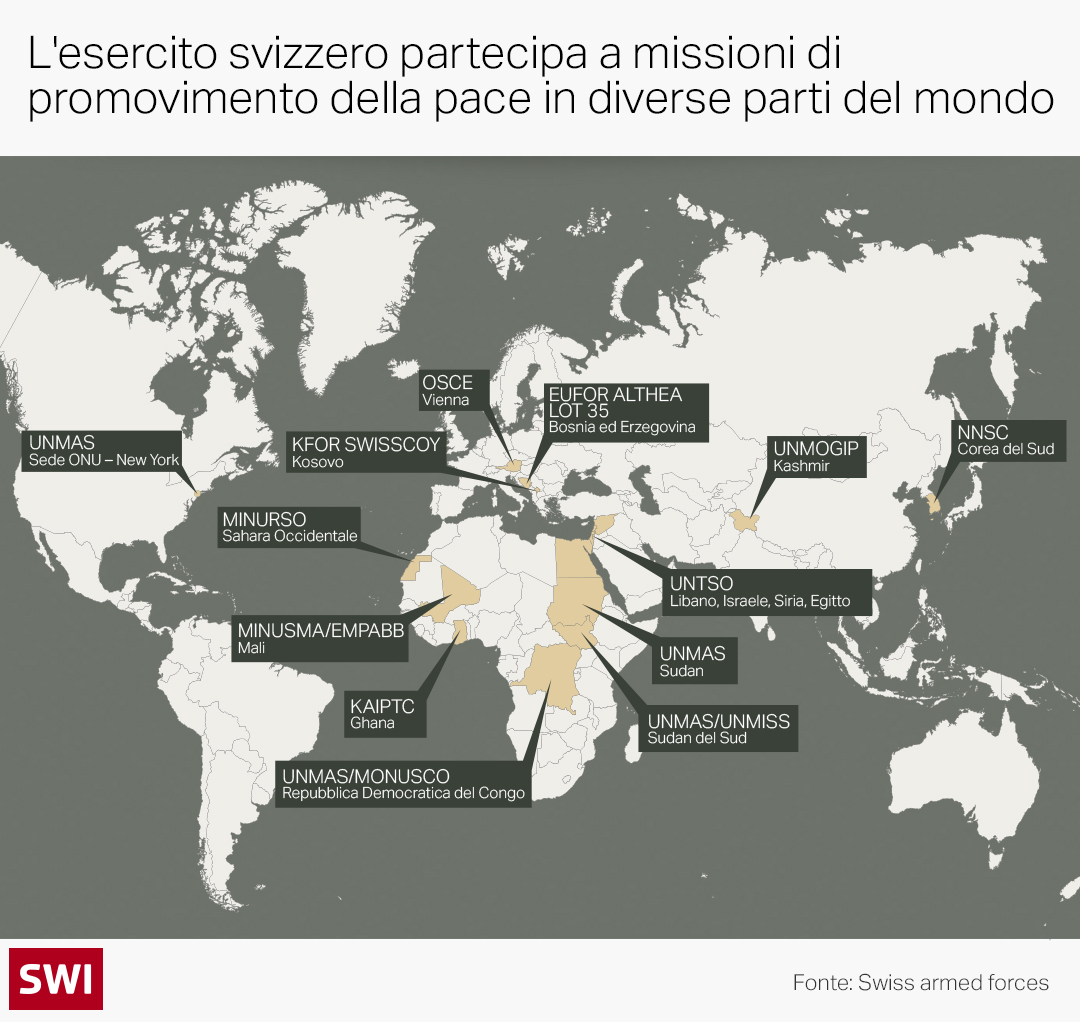 Mappa con le missioni di promovimento della pace a cui partecipa la Svizzera
