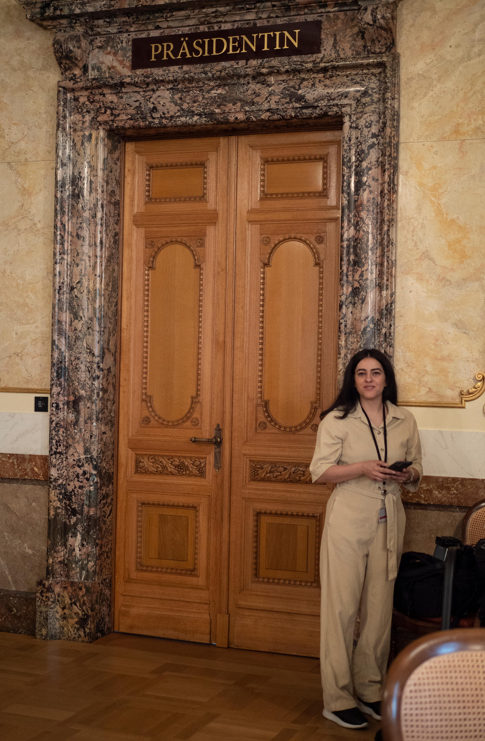Newsha Tavakolian at the door of the office of the president of the Swiss parliament