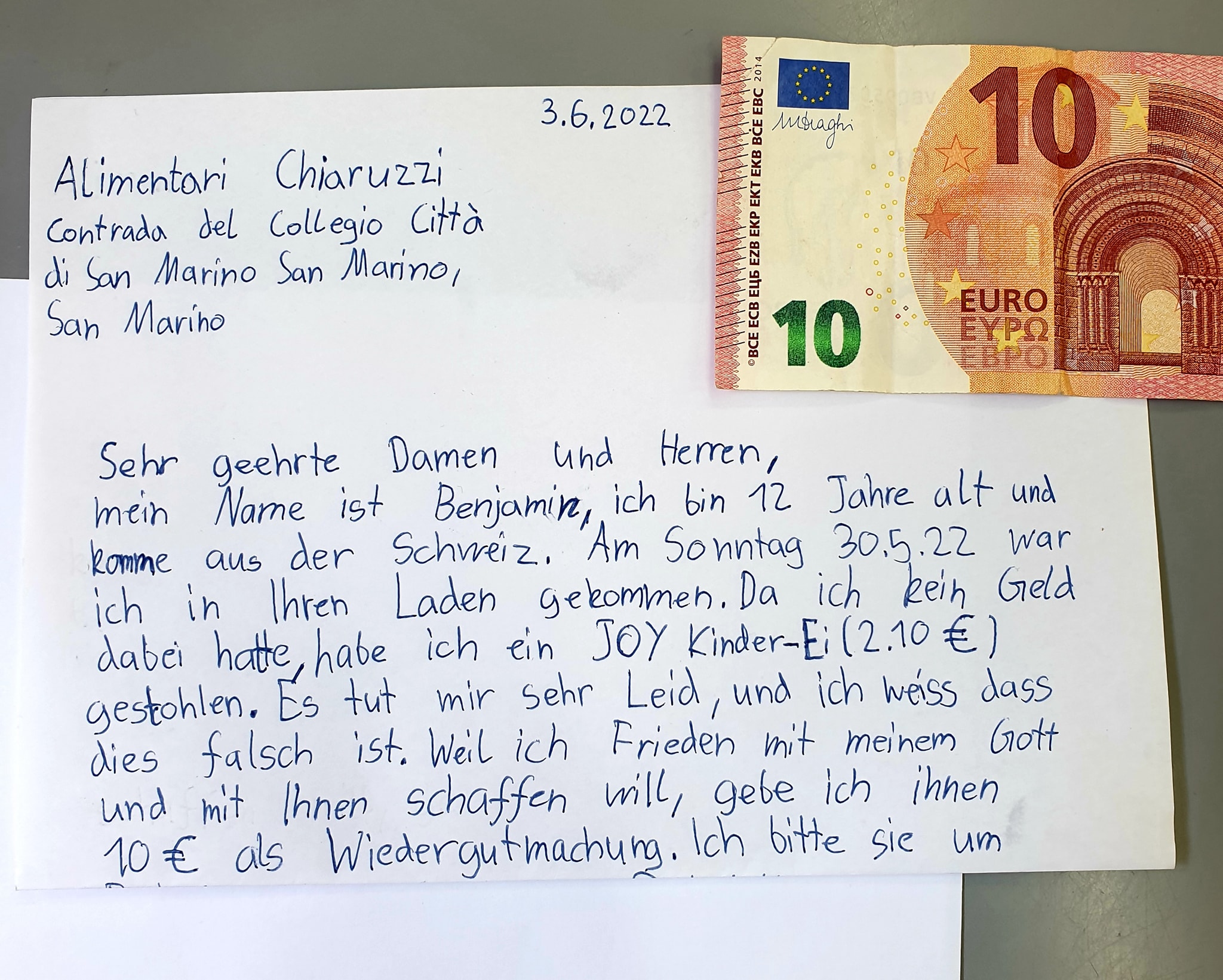 La letterina inviata dal ragazzino al negoziante sanmarinese