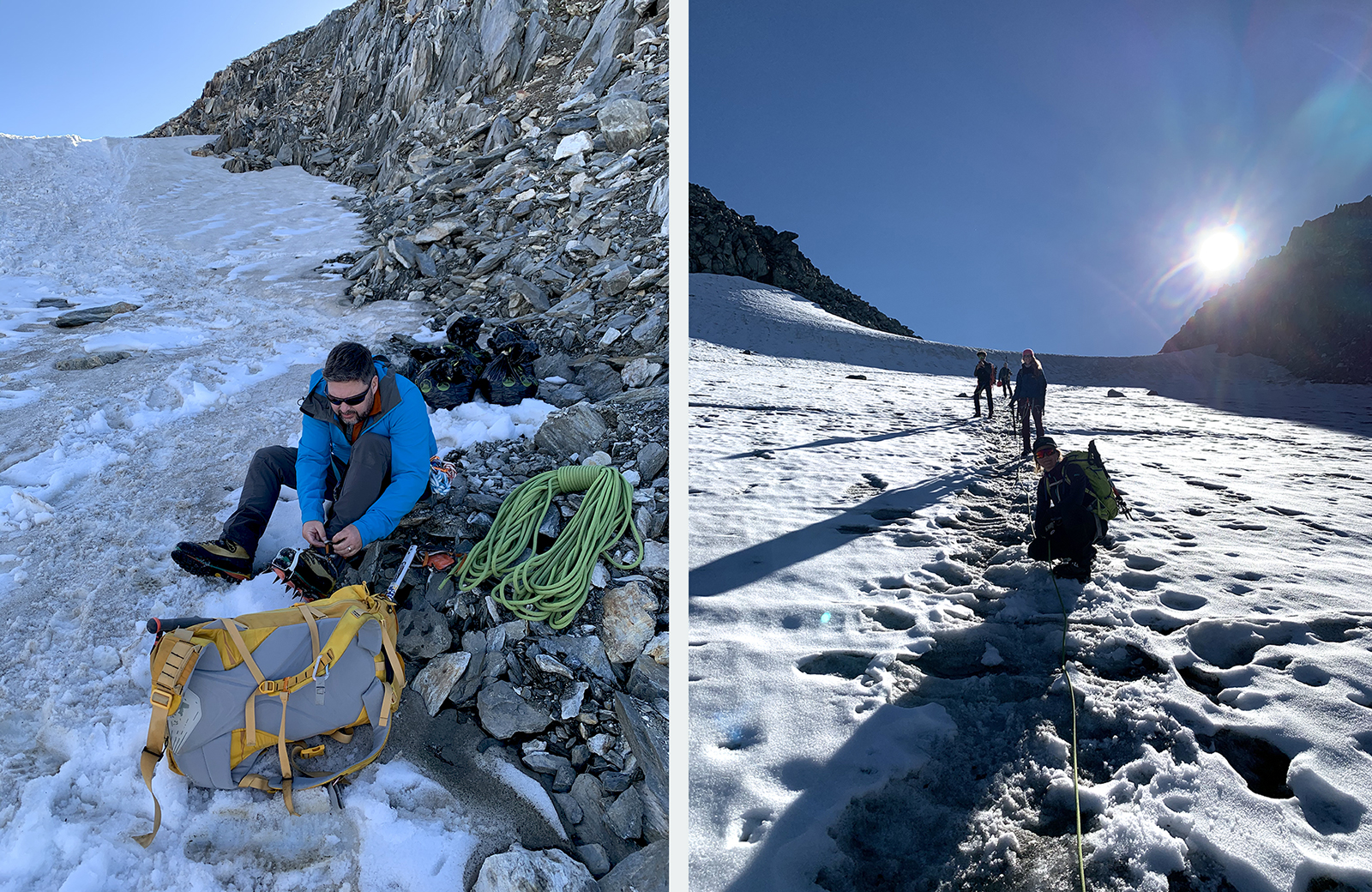 Un homme chausse des crampons; une équipe de cordistes traverse un glacier.