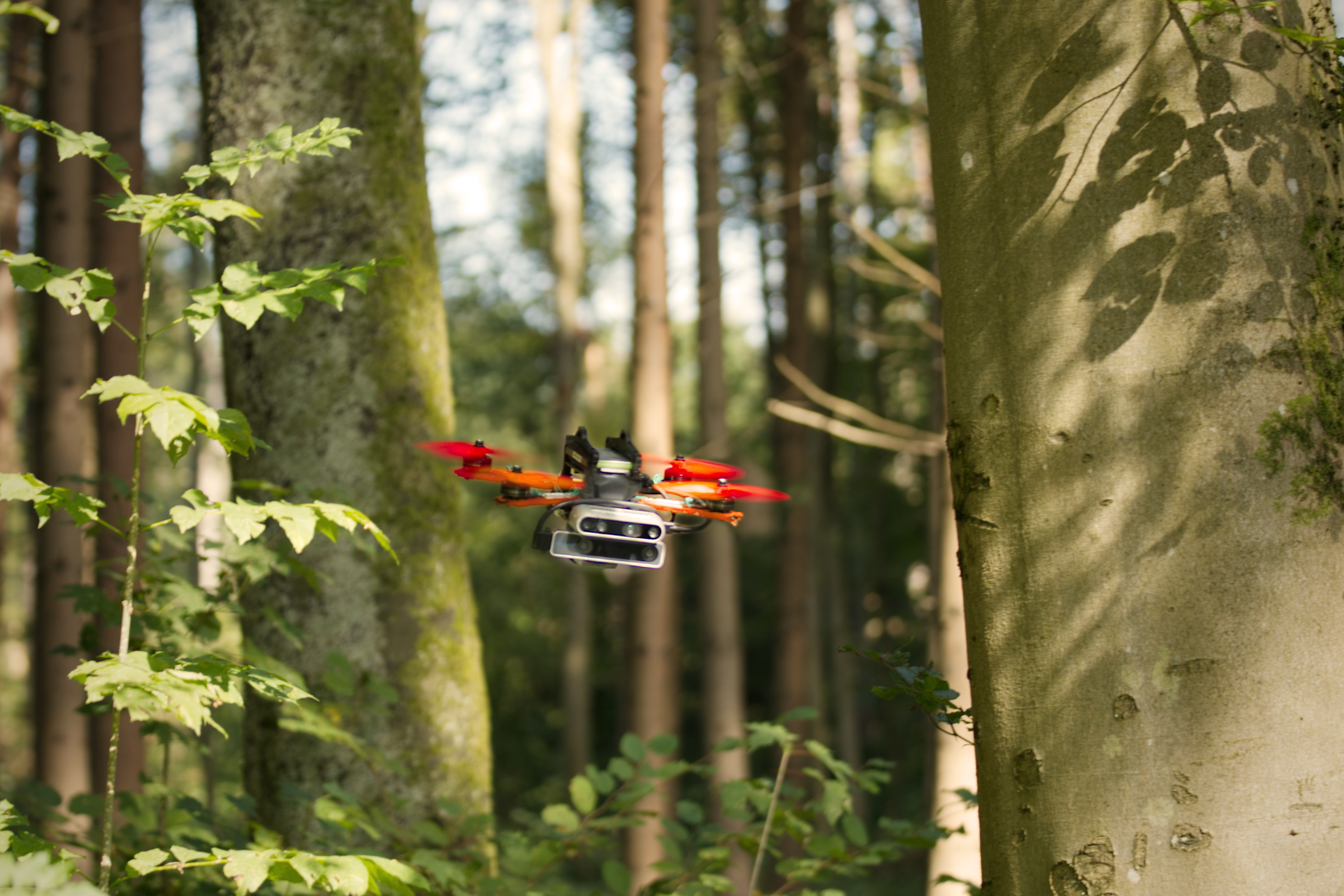 drone che vola autonomamente nella foresta