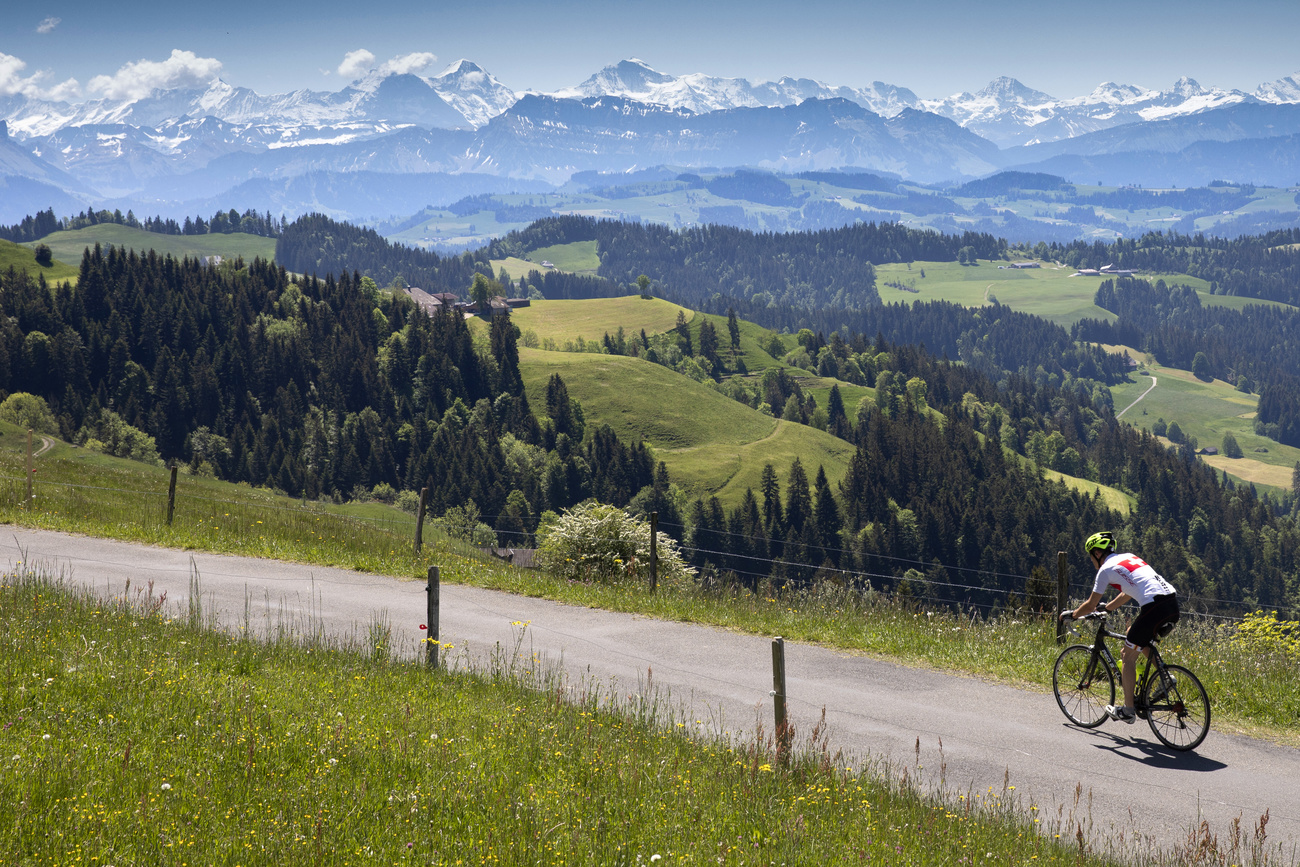 骑自行车欣赏伯尔尼地区的阿尔卑斯山：在瑞士的外国人不仅爱欣赏风景，也很享受出行机会。