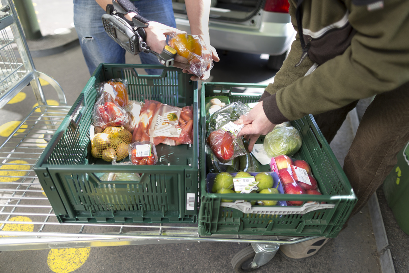 Baskets of fruit and vegetables in a shop