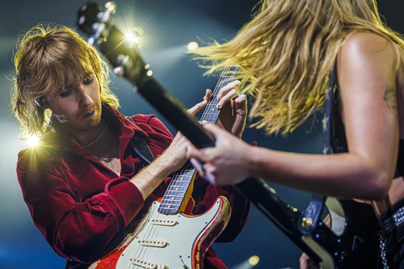 Guitarist Thomas Raggi (left) and bassist Victoria De Angelis (right) of Italian rock band Maneskin.