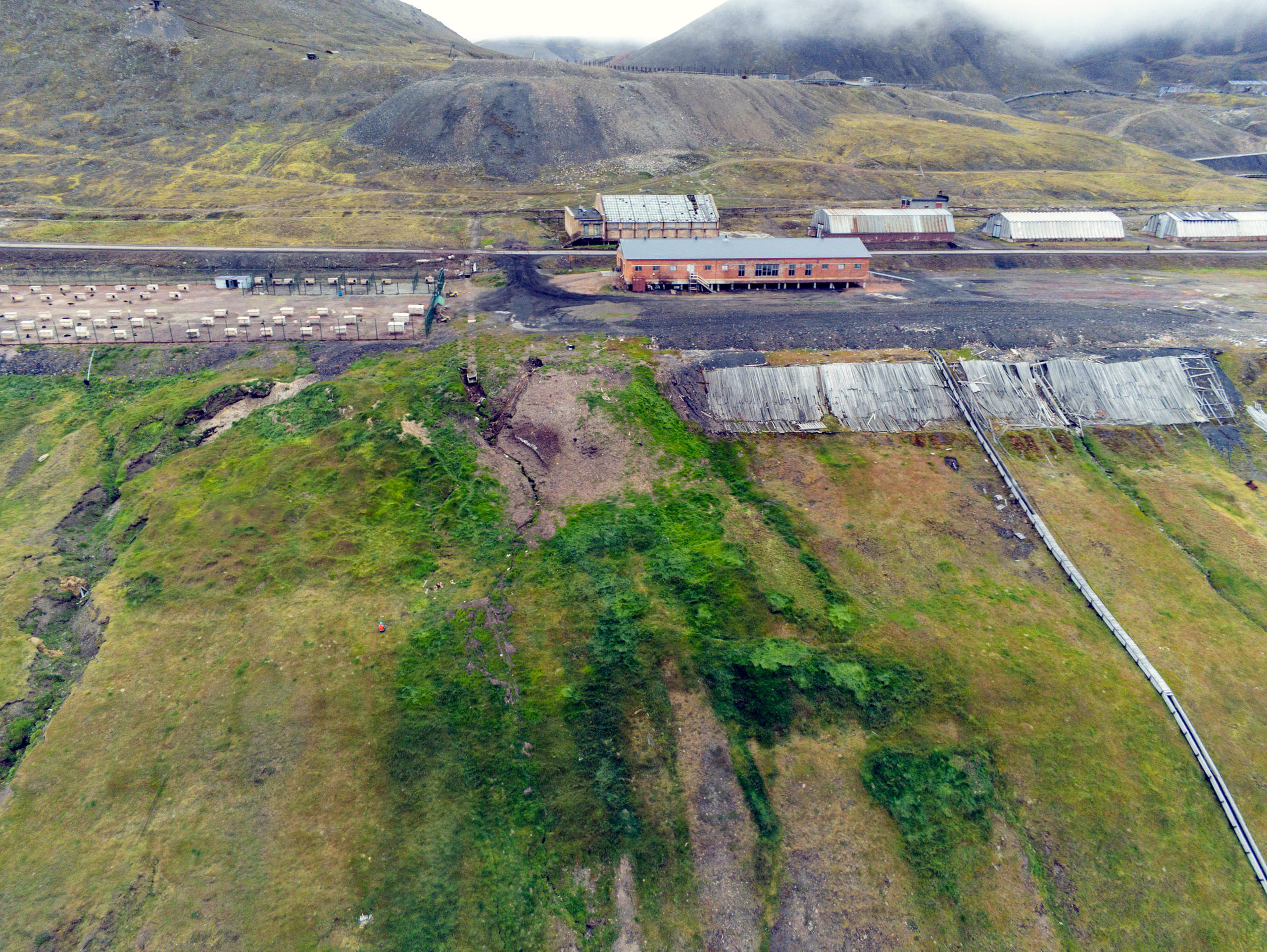 View of our sampling site in Barentsburg, with the disturbed and nutrient rich soil underneath the dog yard on the left.