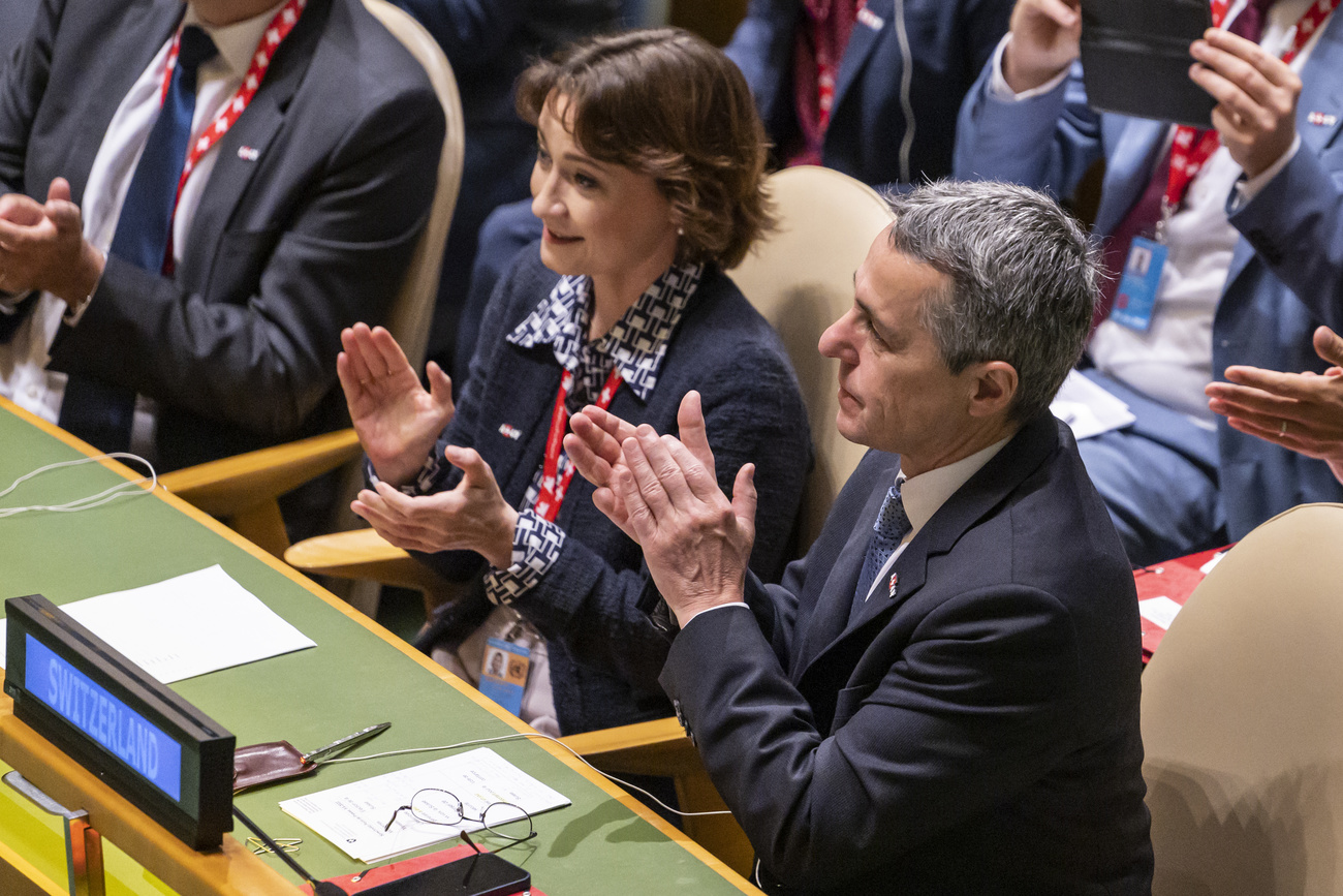Swiss Foreign Minister Ignazio Cassis applauds the election of Switzerland to the Security Council this year.