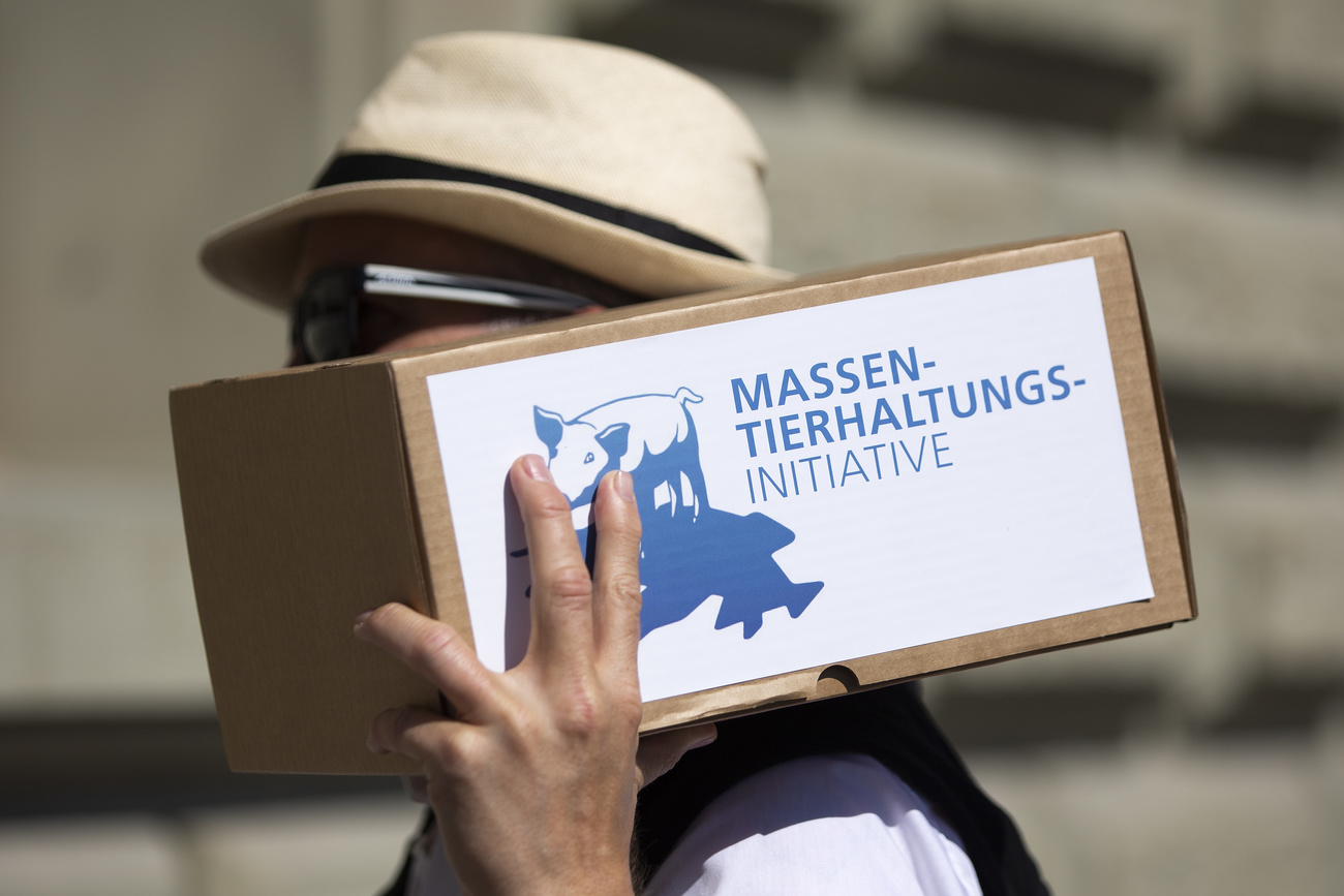 Mann mit Hut trägt Karton mit Aufschrift Massentierhaltungs-Initiative