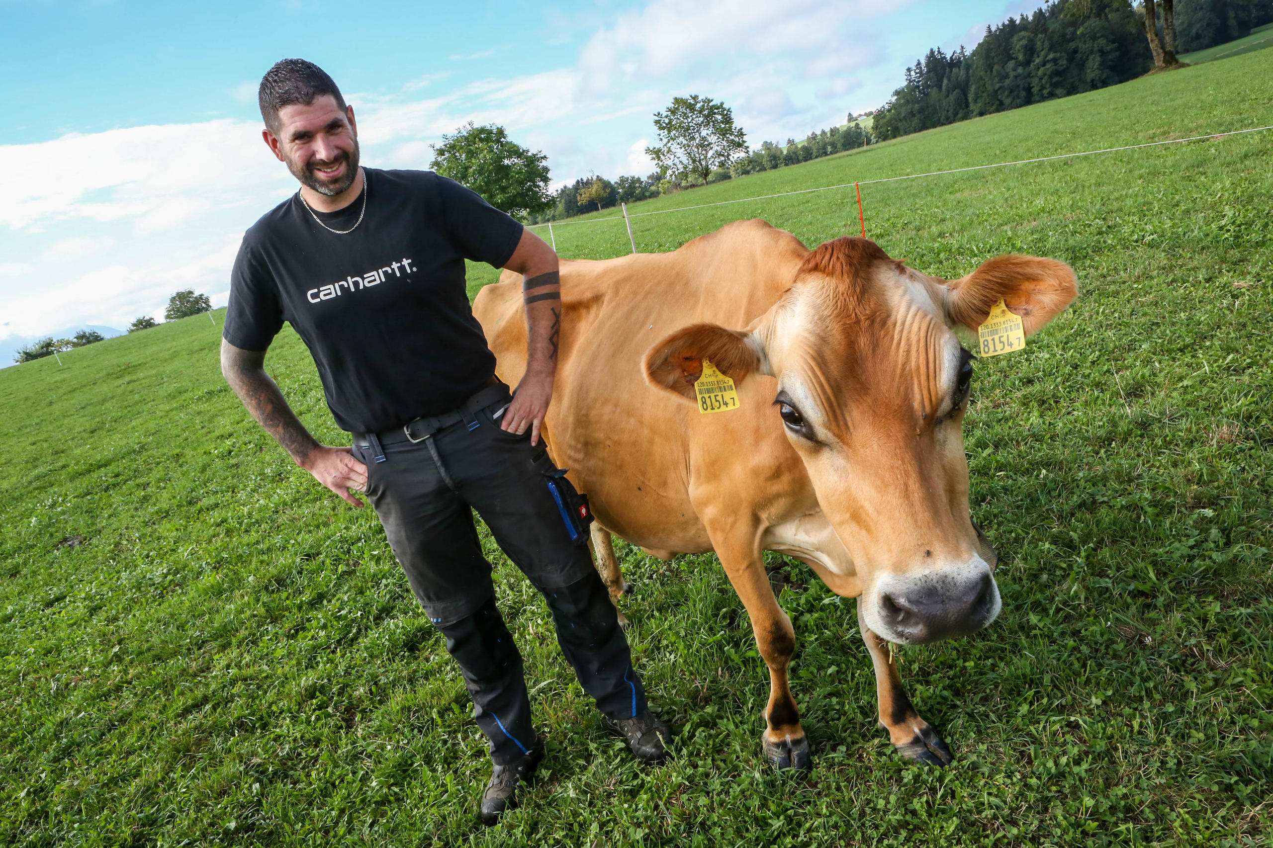 un allevatore accanto a una mucca su un prato