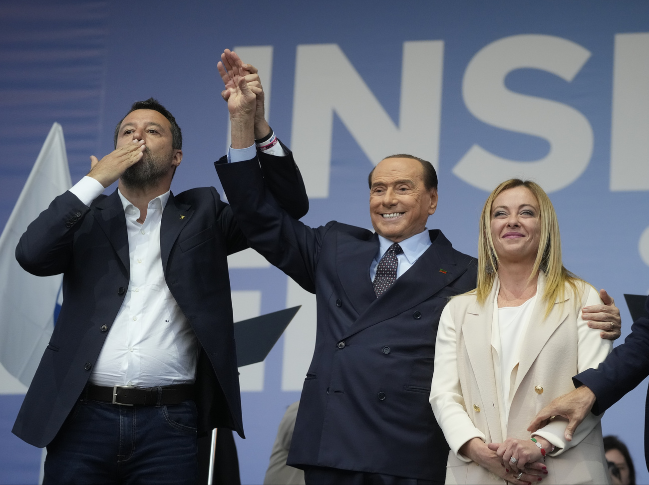 Salvini, Berlusconi e Meloni durante la campagna elettorale.