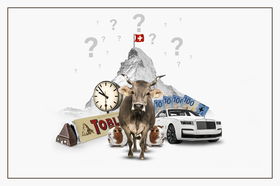 Über dem Matterhorn schweben viele Fragezeichen und davor stehen eine Kuh, eine SBB-Uhr, ein teures Auto, ein Haufen Geld, etc.