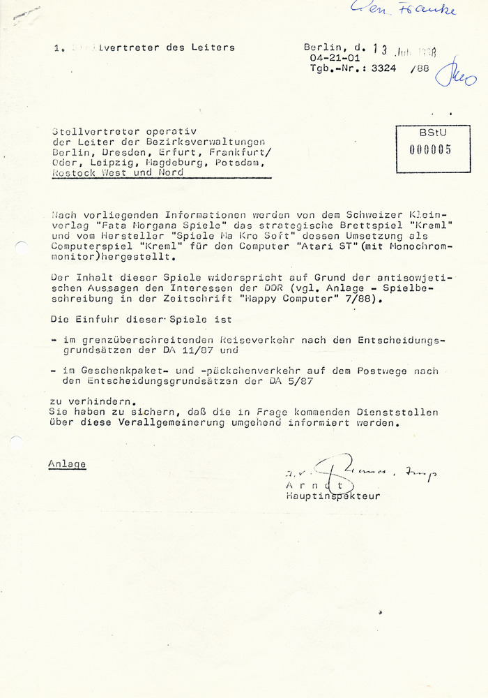 Directiva del Ministerio de Seguridad del Estado de la RDA de 1988.