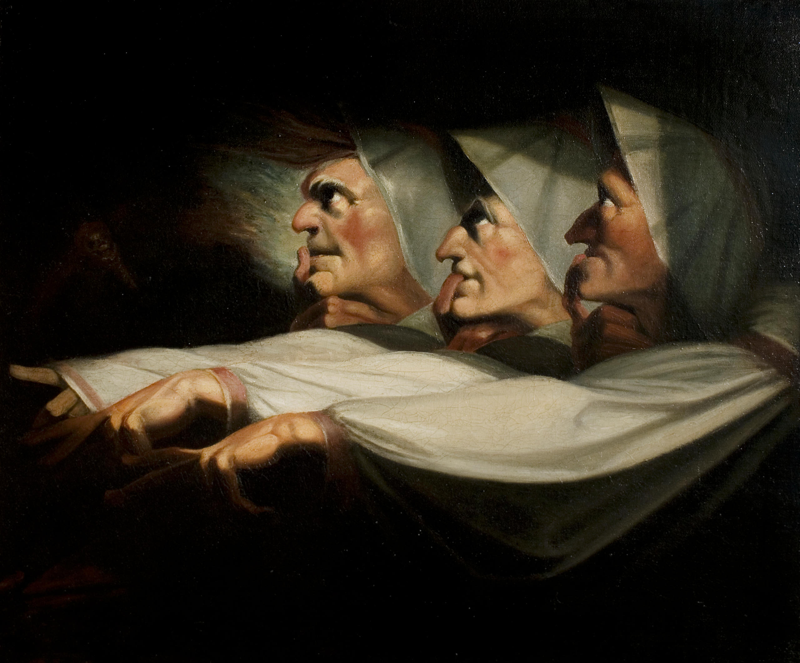 Peinture à l huile représentant trois sorcières